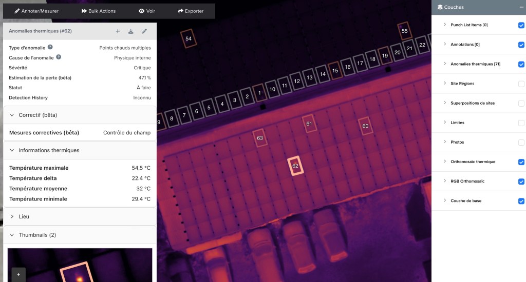 L'interface situant toutes les anomalies du site photovoltaïque 
